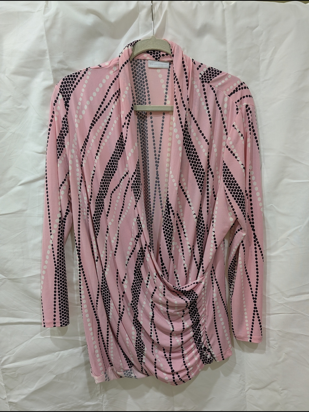 New York & Company Pink & Black Polka Dot Surplice Drape Neck Top - XL